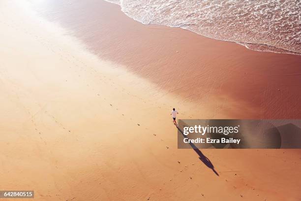 man running along the shoreline at sunrise - cena de tranquilidade imagens e fotografias de stock