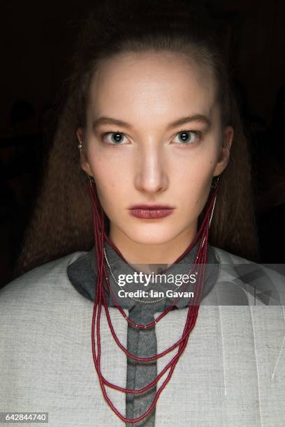 Model backstage ahead of the Theo VII show during the London Fashion Week February 2017 collections on February 19, 2017 in London, England.