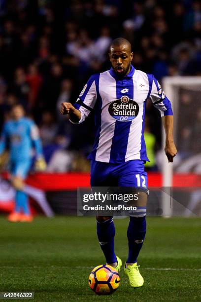 Sidnei Rechel defender of Deportivo de La Coruña drives the ball during the La Liga Santander match between Deportivo de La Coruña and Deportivo...