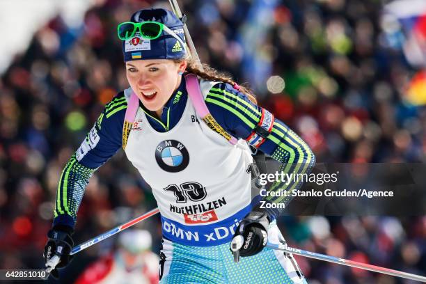 Yuliia Dzhima of Ukraine in action during the IBU Biathlon World Championships Men's and Women's Mass Start on February 19, 2017 in Hochfilzen,...