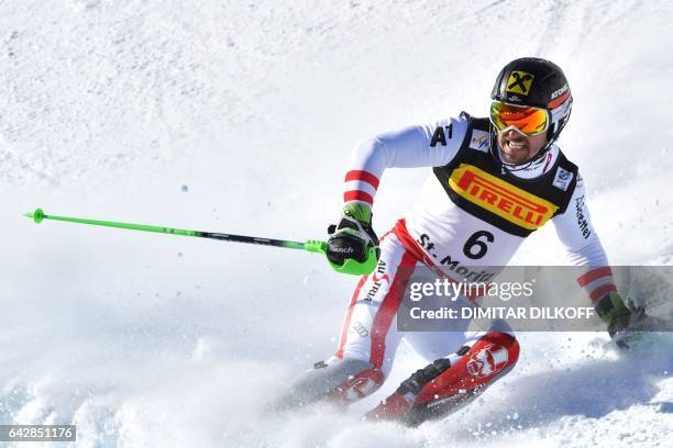 Austria's Marcel Hirscher reacts in the finish area after the second run of the men's slalom race at the 2017 FIS Alpine World Ski Championships in...