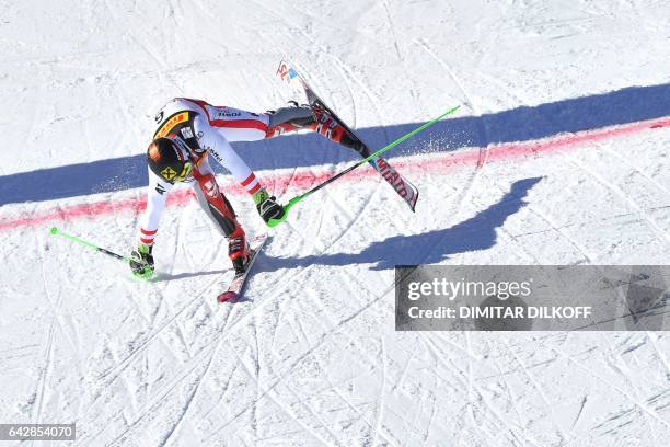 Austria's Marcel Hirscher crosses the finish line during the second run of the men's slalom race at the 2017 FIS Alpine World Ski Championships in St...