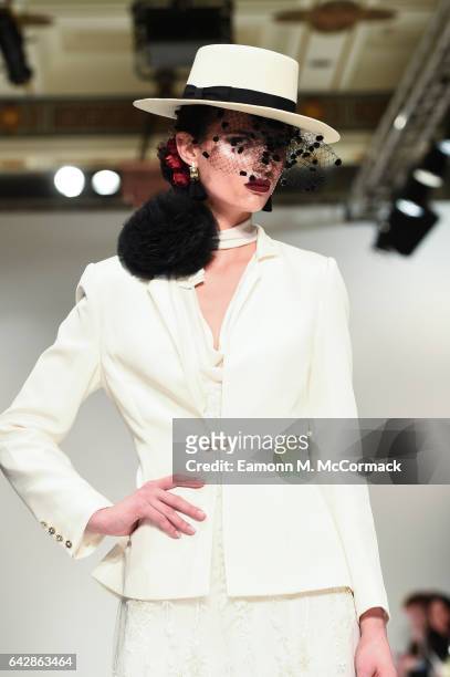 Model walks the runway at the Rohmir show during the London Fashion Week February 2017 collections on February 19, 2017 in London, England.