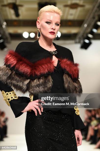 Model walks the runway at the Rohmir show during the London Fashion Week February 2017 collections on February 19, 2017 in London, England.