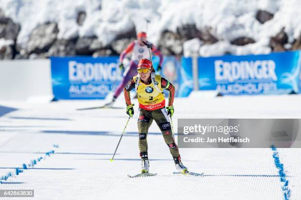 Laura Dahlmeier of Germany in action during the women's 12.5km mass start competition of the IBU World Championships Biathlon 2017 at the Biathlon...