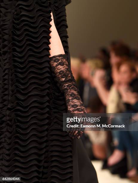 Model, detail, walks the runway at the Rohmir show during the London Fashion Week February 2017 collections on February 19, 2017 in London, England.
