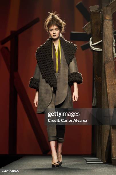 Model walks the runway at the Ulises Merida show during the Mercedes-Benz Madrid Fashion Week Autumn/Winter 2017/2018 on February 19, 2017 in Madrid,...