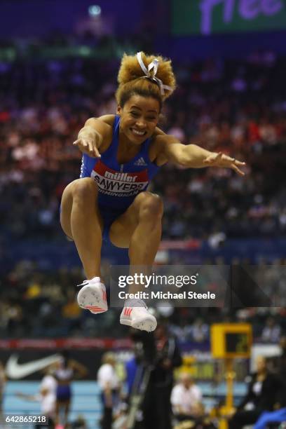 Jazmin Sawyers of Great Britain competes in the women's long jump during the Muller Indoor Grand Prix at the Barclaycard Arena on February 18, 2017...