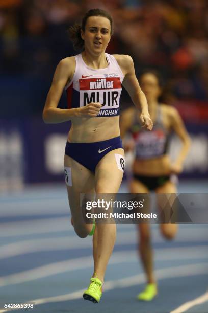 Laura Muir competes in the women's 1000 metres during the Muller Indoor Grand Prix at the Barclaycard Arena on February 18, 2017 in Birmingham,...