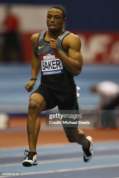 Ronnie Baker of United States competes in the men's 60m heats during the Muller Indoor Grand Prix at the Barclaycard Arena on February 18, 2017 in...