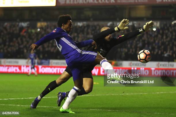 Carl Ikeme of Wolverhampton Wanderers in action with Willian of Chelsea during the Emirates FA Cup Fifth Round match between Wolverhampton Wanderers...