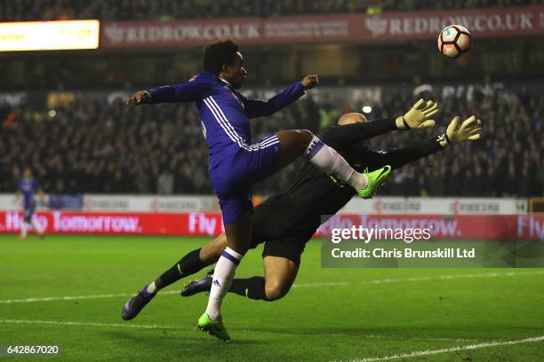 Carl Ikeme of Wolverhampton Wanderers denies Willian of Chelsea during the Emirates FA Cup Fifth Round match between Wolverhampton Wanderers and...