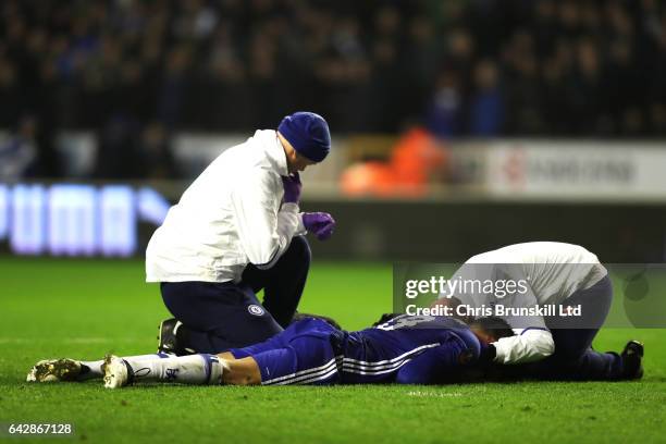 Diego Costa of Chelsea receives treatment during the Emirates FA Cup Fifth Round match between Wolverhampton Wanderers and Chelsea at Molineux on...