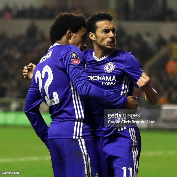 Pedro of Chelsea celebrates scoring the opening goal with team-mate Willian during the Emirates FA Cup Fifth Round match between Wolverhampton...