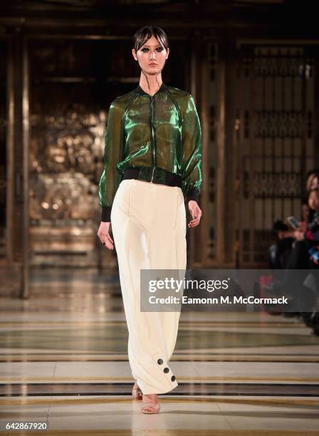 Model walks the runway at the Annderstand show during the London Fashion Week February 2017 collections on February 19, 2017 in London, England.