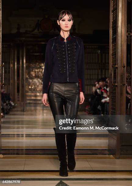 Model walks the runway at the Annderstand show during the London Fashion Week February 2017 collections on February 19, 2017 in London, England.