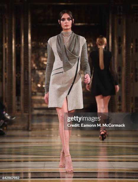 Model walks the runway at the Annderstand show during the London Fashion Week February 2017 collections on February 19, 2017 in London, England.