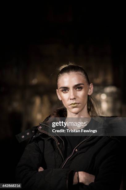 Model backstage ahead of the Ashley Isham show at Fashion Scout during the London Fashion Week February 2017 collections on February 18, 2017 in...