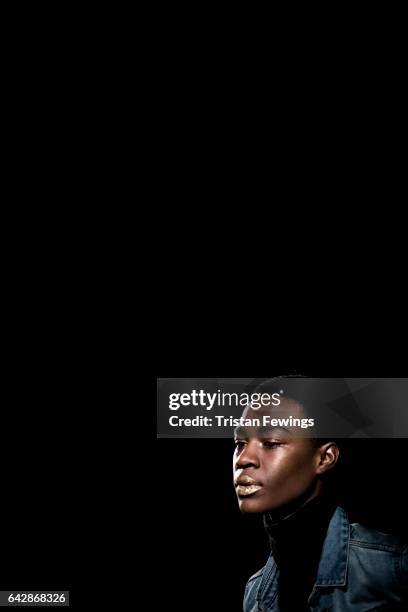 Model backstage ahead of the Ashley Isham show at Fashion Scout during the London Fashion Week February 2017 collections on February 18, 2017 in...