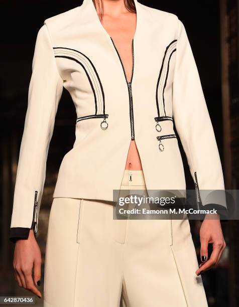 Model, detail, walks the runway at the Annderstand show during the London Fashion Week February 2017 collections on February 19, 2017 in London,...