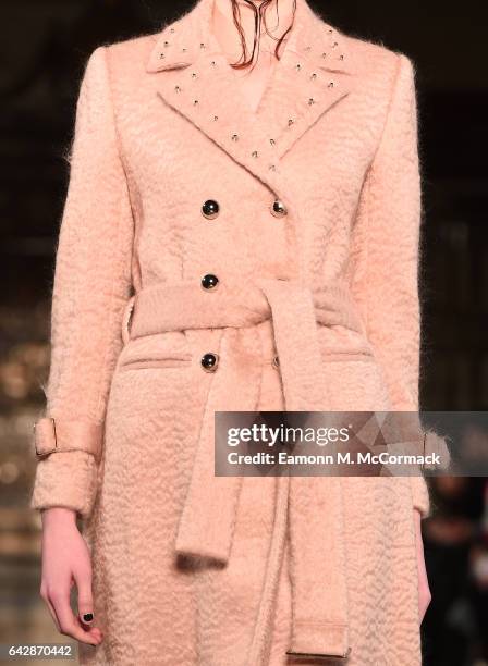 Model, detail, walks the runway at the Annderstand show during the London Fashion Week February 2017 collections on February 19, 2017 in London,...
