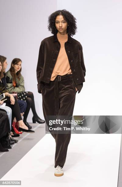 Model walks the runway at the Margaret Howell show during the London Fashion Week February 2017 collections at Rambert on February 19, 2017 in...