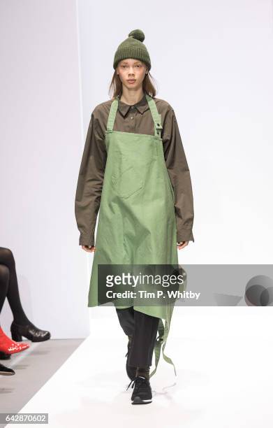 Model walks the runway at the Margaret Howell show during the London Fashion Week February 2017 collections at Rambert on February 19, 2017 in...