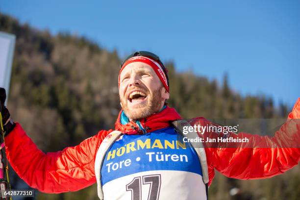 Simon Eder of Austria reacts after winning the third place of the men's 15km mass start competition during the IBU World Championships Biathlon 2017...