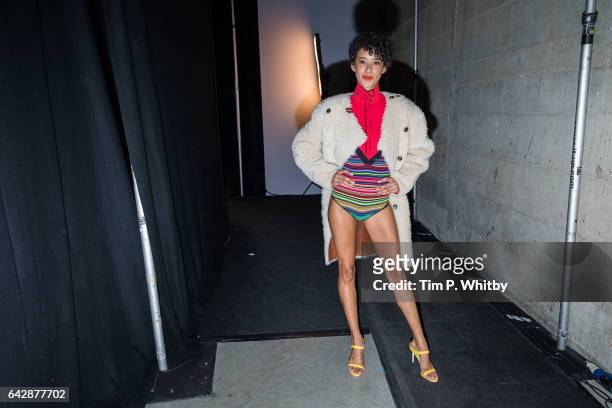 Model backstage ahead of the Topshop Unique show during the London Fashion Week February 2017 collections at Tate Modern on February 19, 2017 in...
