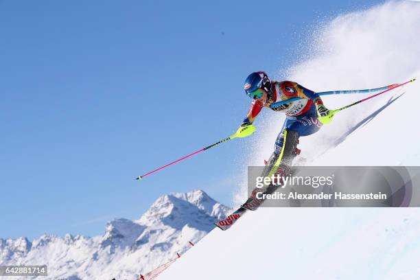 Mikaela Shiffrin of The United States competes in the first run of the Women's Slalom during the FIS Alpine World Ski Championships on February 18,...