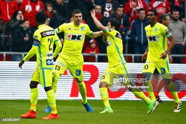 Stefan Mitrovic defender of KAA Gent celebrates during the Jupiler Pro League match between Standard de Liege and Kaa Gent on in Sclessin, Belgium.