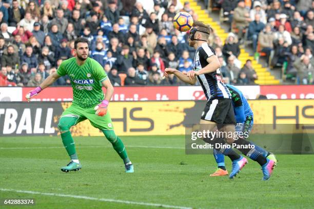 Orestis Karnezis goalkeeper and Silvan Widmer of Udinese Calcio during the Serie A match between Udinese Calcio and US Sassuolo at Stadio Friuli on...
