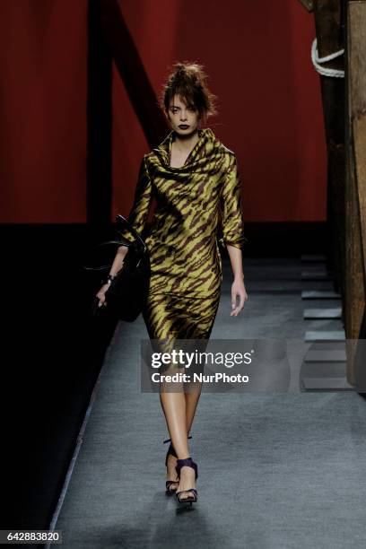 Model walks the runway at the ULISES MÉRIDA show during the Mercedes-Benz Madrid Fashion Week Autumn/Winter 2017/2018 at IFEMA on February 19, 2017...