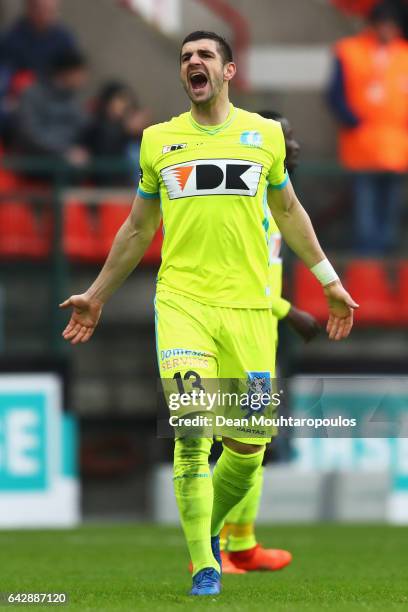 Stefan Mitrovic of K.A.A. Gent celebrates scoring his teams first goal of the game during the Belgian Jupiler Pro League match between Royal Standard...