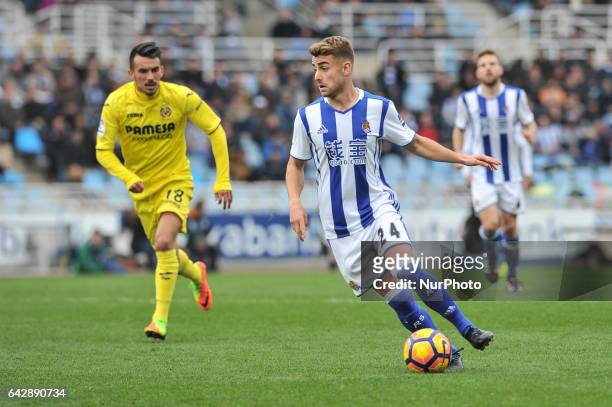 David Concha of Real Sociedad duels for the ball with Sansone of Villarreal during the Spanish league football match between Real Sociedad and...