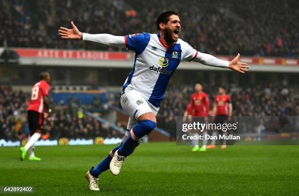 Danny Graham of Blackburn Rovers celebrates as he scores their first goal during The Emirates FA Cup Fifth Round match between Blackburn Rovers and...