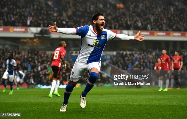 Danny Graham of Blackburn Rovers celebrates as he scores their first goal during The Emirates FA Cup Fifth Round match between Blackburn Rovers and...