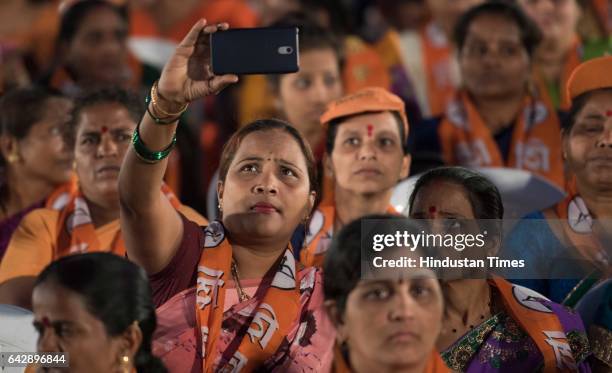 Shiv Sena supporters during an election rally of Uddhav Thackeray for the upcoming BMC elections at BKC Ground, Bandra, on February 18, 2017 in...