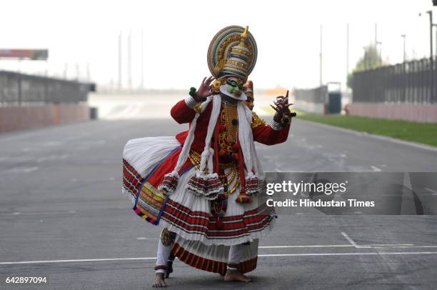 An artist performing Kathakali dance at F-1 Track during the 7th edition of 21 Gun Salute International Vintage Car Rally, on February 19 in Greater...