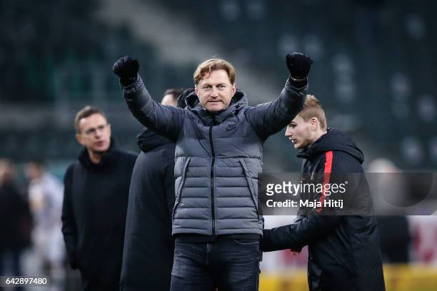Head coach Ralph Hasenhuettl celebrates after the the Bundesliga match between Borussia Moenchengladbach and RB Leipzig at Borussia-Park on February...