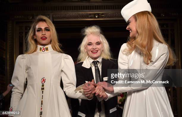 Fashion designer Pam Hogg with models Alice Dellal and Fearne Cotton on the runway after her show during the London Fashion Week February 2017...