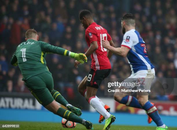 Marcus Rashford of Manchester United scores their first goal during the Emirates FA Cup Fifth Round match between Blackburn Rovers and Manchester...