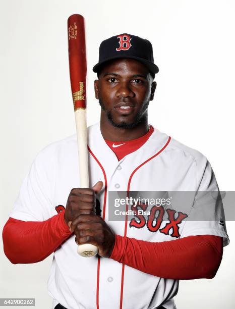 Rusney Castillo of the Boston Red Sox poses for a portrait during the Boston Red Sox photo day on February 19, 2017 at JetBlue Park in Ft. Myers,...