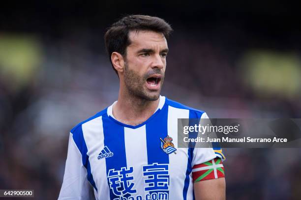 Xabier Prieto of Real Sociedad reacts during the La Liga match between Real Sociedad de Futbol and Villarreal CF at Estadio Anoeta on February 19,...