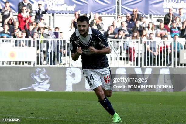 Bordeaux' French forward Gaetan Laborde celebrates after scoring a goal during the French L1 football match between Bordeaux and Guingamp on February...