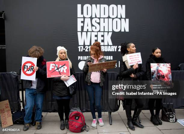 Anti-fur campaigners protest outside the BFC Space during London Fashion Week Autumn/Winter 2017 in London. PRESS ASSOCIATION. Picture date: Sunday...