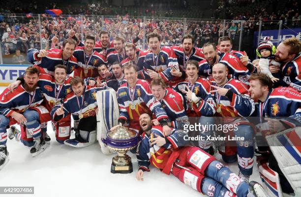 Captain Eric Chouinard of Grenoble celebrate the French cup with teammates during the French Cup finale Hockey match between Dragons de Rouen vs...