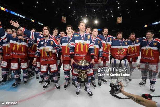 Captain Eric Chouinard of Grenoble celebrate the French cup with teammates during the French Cup finale Hockey match between Dragons de Rouen vs...