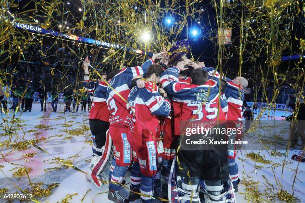 Captain Eric Chouinard of Grenoble celebrate the French cup with teammates during the French Cup finale Hockey match between Dragons de Rouen vs...