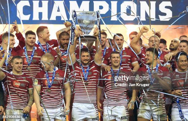 Sean O'Loughlin of Wigan Warriors lifts the trophy during the Dacia World Club Challenge match between Wigan Warriors and Cronulla-Sutherland Sharks...